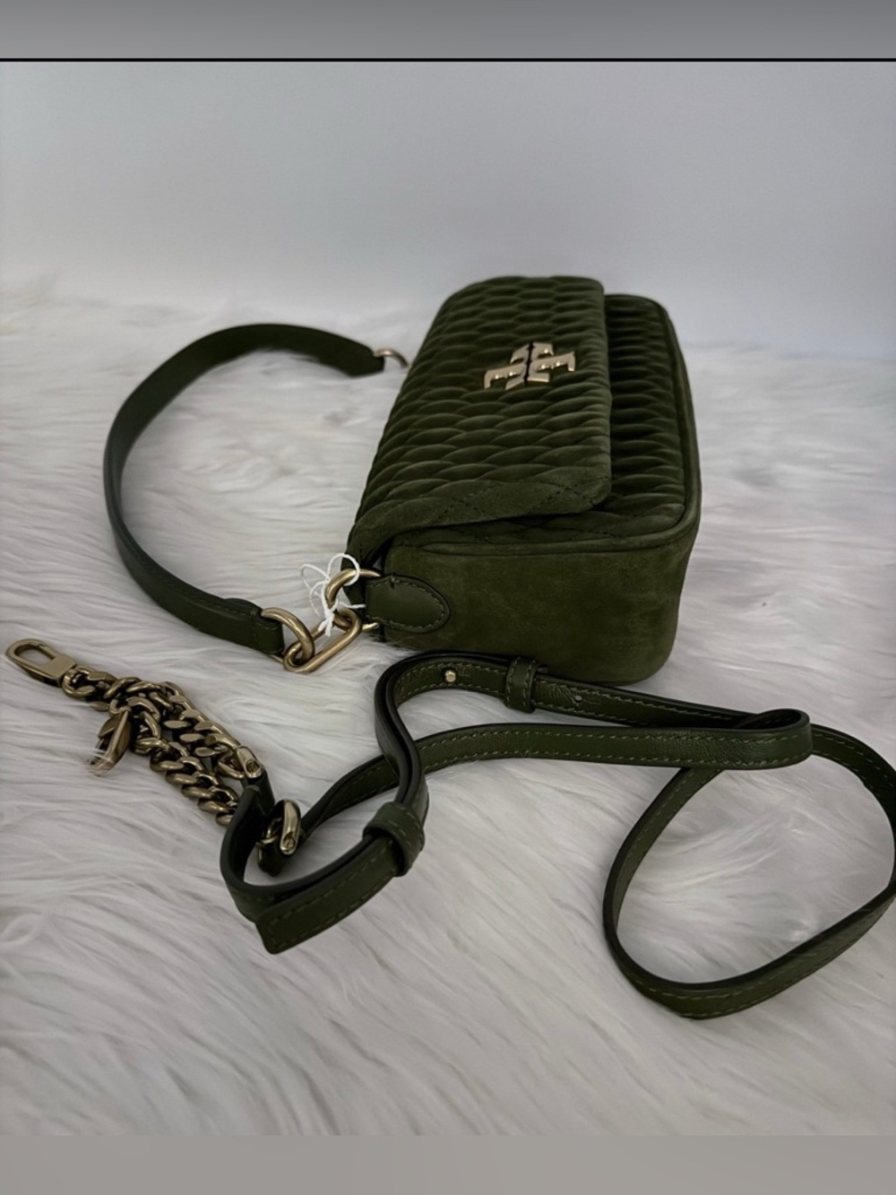 Tory Burch Olive Quilted Suede Shoulder Bag with Gold Logo - Picture 2 of 9